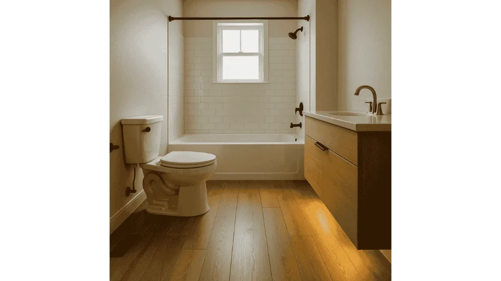 which direction to lay vinyl plank flooring in small bathroom.